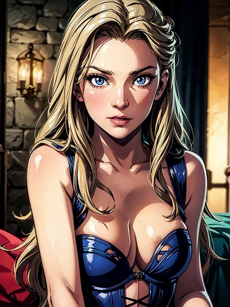 beautiful portrait of stunningly beautiful Margaery Tyrell as a medieval courtesan, corset, low-cut neckline, cleavage, large brests, jewelry, sharp focus on the eyes, fantasy concept art, , sultry look, seductive, inviting expression, detailed medieval bedroom in background, seductive pose sultry look, seductive