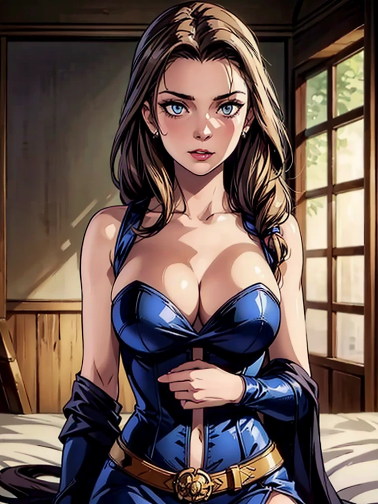 beautiful portrait of stunningly beautiful Margaery Tyrell as a medieval courtesan, corset, low-cut neckline, cleavage, large brests, jewelry, sharp focus on the eyes, fantasy concept art, , sultry look, seductive, inviting expression, detailed medieval bedroom in background, seductive pose sultry look, seductive