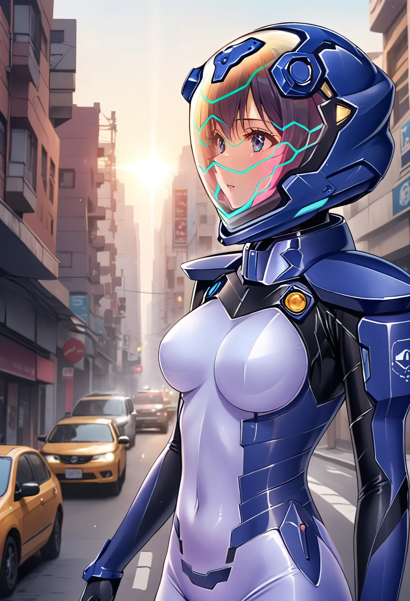 short hair, street, emo, BLACK hair, white eyes, eyeliner, apocalypse, (astronaut, girl, road, city,  fortified suit, ((blue:1.5) plugsuit), short hair, outdoors, cinematic light,  medium breasts, covered navel, space helmet, muvluv, space helm, eva helmet,[[[[ 