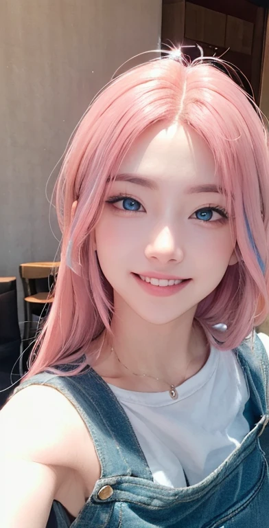 Pink Hair、Portrait photo of a beautiful young woman with bright blue eyes, (Ombre:1. 3) 、Cafe、Smiling and looking at me、Natural light,