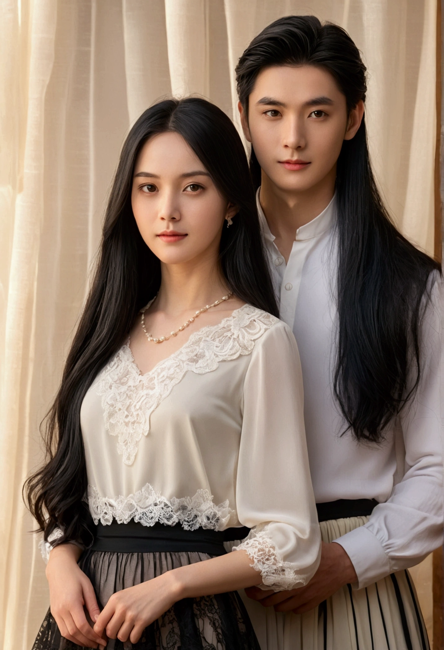 masterpiece, Highest quality, One girl, Delicate face, Long black hair,Mature and intelligent woman,One boy,Chiffon skirt, Lace skirt