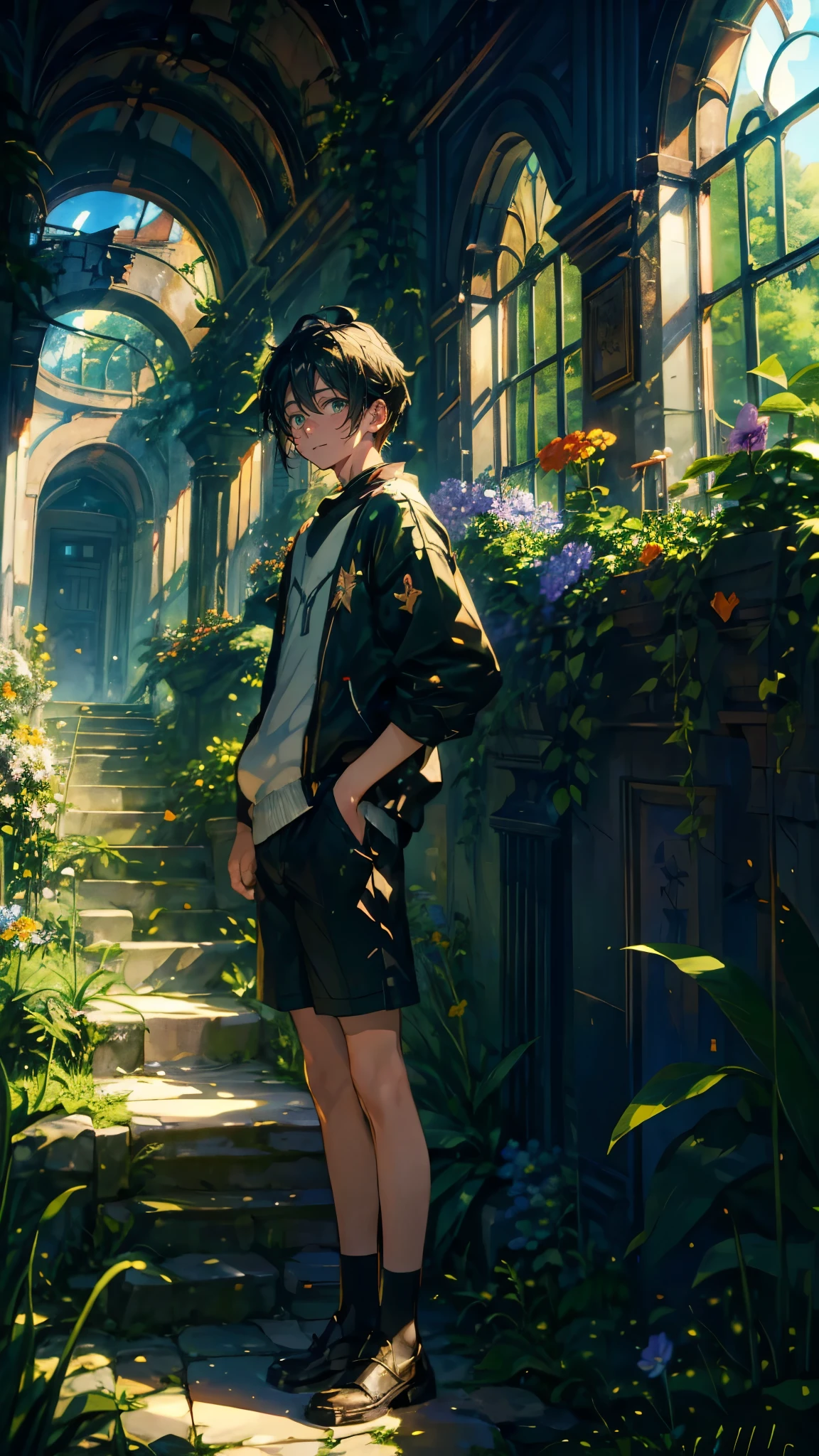 (Mastepiece), (Best Quality), Very detailed, (1 boy:1.5), (Full body solo shot:1.4), Perfect Face, Beautiful Boy, Very detailedな顔，(Black short hair:1.5)，(Green Eyes:1.4)，(Shorts:1.4)、(Lots of butterflies々:1.4)、bird、(ruins、Plants、flower:1.4)、Fairy、mysterious、Fantasy、beautiful、beautiful、(Close your eyes and laugh:1.3)、(Happy Face:1.4)、A big smile