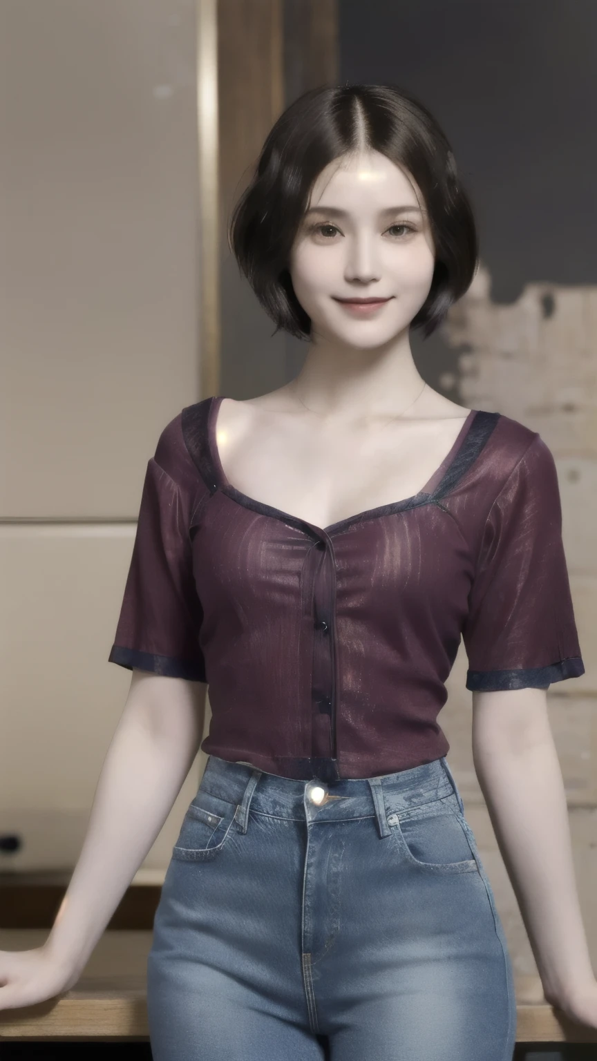 264 20-year-old female,(short hair:1.46),(chest:1.5),Archaic Smile,(Leonardo da Vinci'sTShirt and jeans)