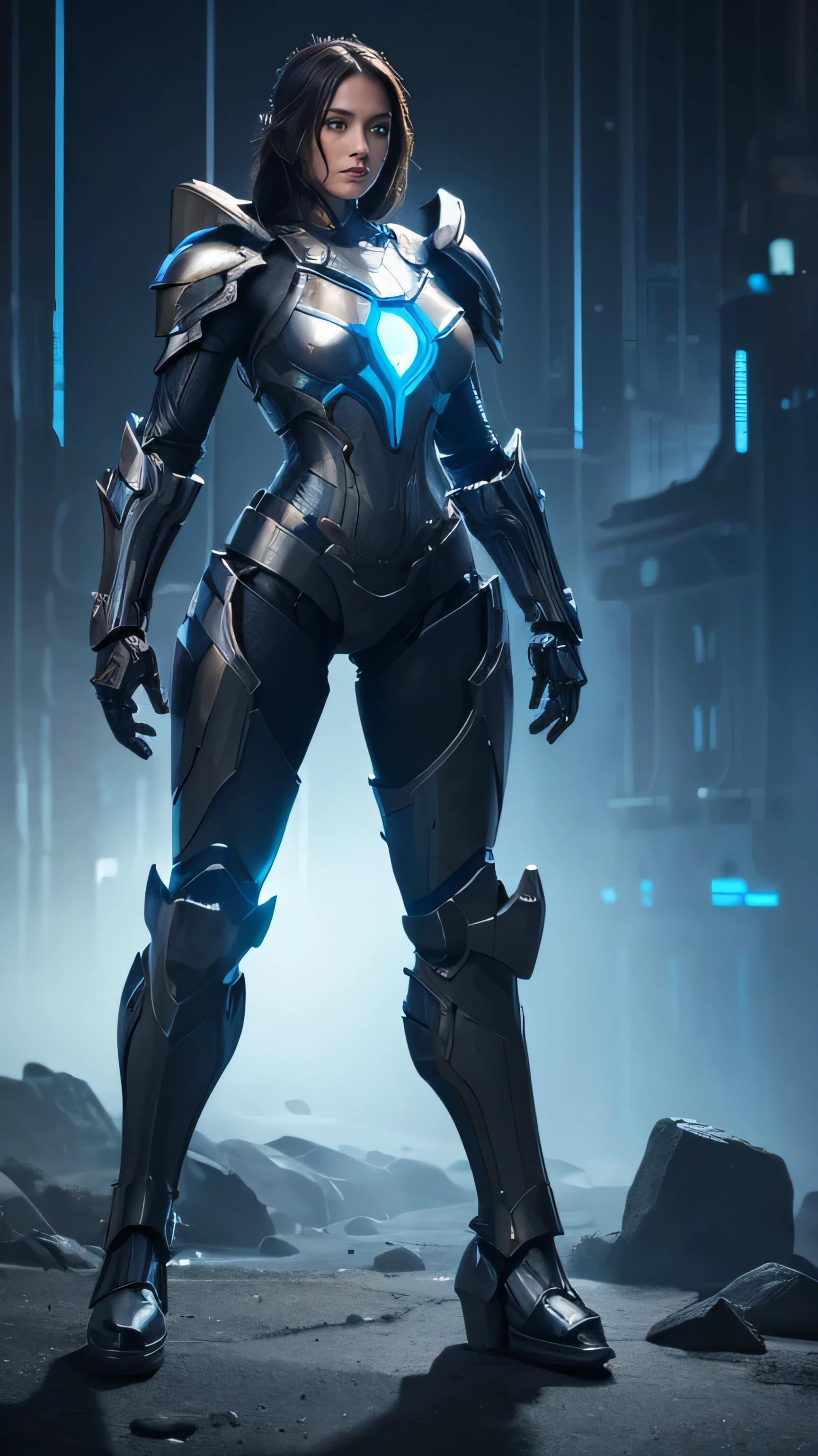 Create an ultra-realistic depiction of a female golem wearing a full-body mechanized armor. She stands tall and imposing, her physique muscular and powerful. Her face is partially visible through the armor, showing a blend of stone and metal features with glowing blue eyes. Her hair, made of twisted metal wires, cascades down her back. The armor is intricately designed with mechanical joints and plates, enhancing her strength and mobility. Her arms and legs are covered in sleek, metallic armor, with sharp, claw-like fingers and powerful, reinforced legs. The armor emits a faint blue light from its joints and crevices, indicating advanced technology. The background features a futuristic battlefield, with the armored golem standing ready for combat, exuding an aura of both mechanical precision and raw power.