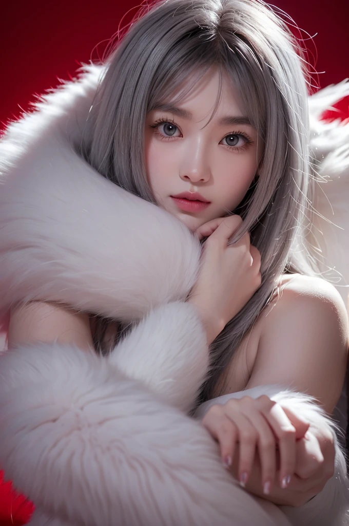 Soft grey fur and super cute face,爪子hairy,White claws adorn your body,hairy, White fur, Super cute face, Red elements on fur, Beautiful lighting and shadows, Ambient Light, Extremely fine fur, Volumetric Light