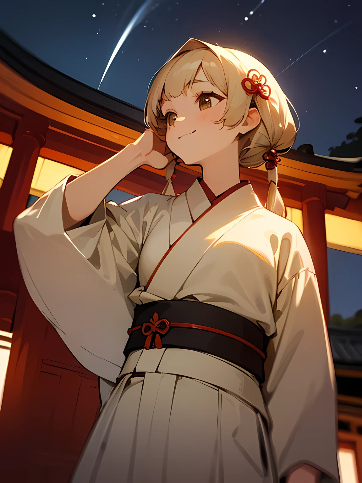 from below:1.3,(Looking up at the night sky),model pose,solo, upperbody, beige hair color, asymmetrical bangs, long sideburns, white Japanese clothes, Japanese-style white mini pants, smile, ribbon hair ornament, evening, Japanese shrine, precincts,Cute atmosphere, thinking