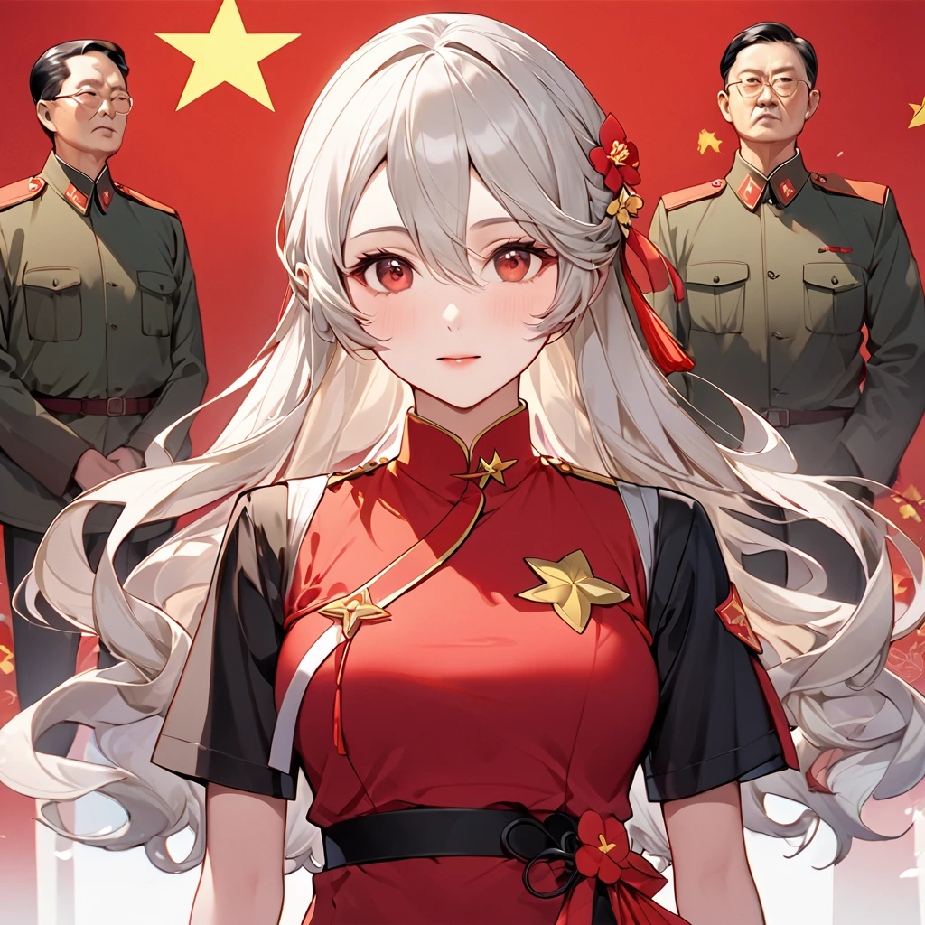 ((Highest quality)), ((masterpiece)), (detailed), （Perfect Face）、This woman、This is Kaim, a Chinese woman with medium-length silver hair and an engagement ring.。. She is a glorious member of the Chinese Communist Party.、Absolute loyalty to the Chinese Communist Party。. She is a righteous Communist.、The wife of a great Communist Party official。.、女性は中国共産党員の立派な制Clothesを着ている.、For China, Hairstyle, Clothes, Everything they wear belongs to the Chinese Communist Party., Their thinking is also Chinese., Becoming a great Chinese person in body and mind.、The woman is proud of China.、I became a Chinese Kaim who I love dearly..、She serves China as a member of the great Communist Party of China.。.、That woman is beautiful, A Respectable and Exemplary Communist Party Member.