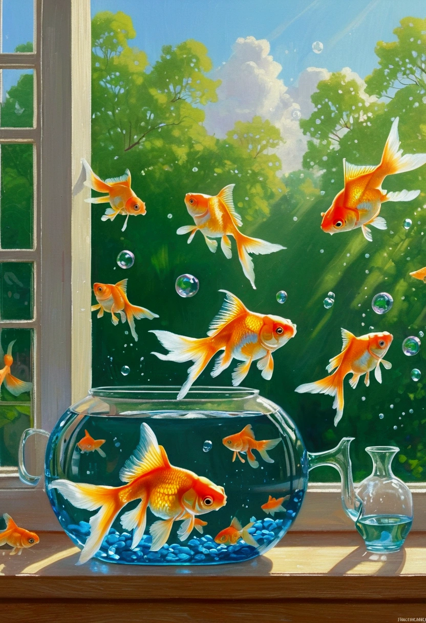 there are many goldfish in a bag on the windowsill, A realistic painting by Yang Jianjun, cg Club Competition Winners, Photorealism, goldfish, Vadim Kashin. Surreal, Fish, in goldfish armor, floating goldfish, 水中goldfish外骨骼, Fish floating in bedroom, A beautiful artistic illustration, super realistic painting style, Realistic style
