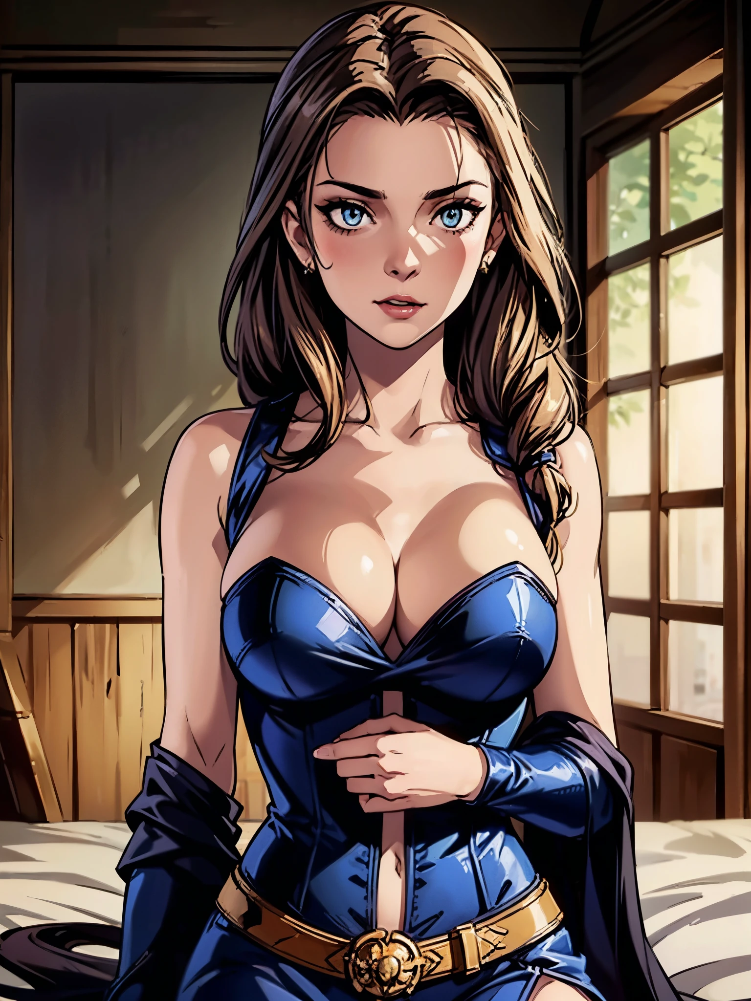 beautiful portrait of stunningly beautiful Margaery Tyrell as a medieval courtesan, corset, low-cut neckline, cleavage, large brests, jewelry, sharp focus on the eyes, fantasy concept art, , sultry look, seductive, inviting expression, detailed medieval bedroom in background, seductive pose sultry look, seductive