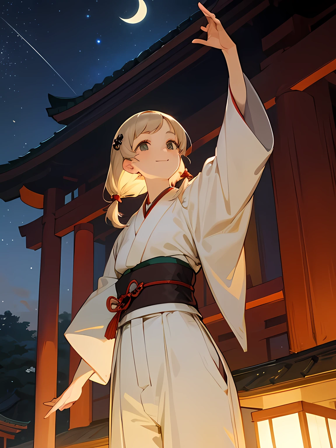 from below:1.3,(Looking up at the night sky),model pose,solo, upperbody, beige hair color, asymmetrical bangs, long sideburns, white Japanese clothes, Japanese-style white mini pants, smile, ribbon hair ornament, evening, Japanese shrine, precincts,Cute atmosphere, thinking