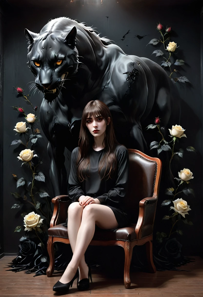 Dark,look close corner face camera , hold big cat,a woman sofia Steinberg face,long hair with bangs, pale white skinned ,wearing Black shirt blackmetal, pose sit in Wooden chairs, room blackmetal, look above camera , in room blackmetal style steinberg model blackmetal , sad depression funiture skulls swords, flowers black Roses ,poster ,stickerband, mortuary ,blackmetal background, digital painting, highly detailed, 3D animation, black roses, 