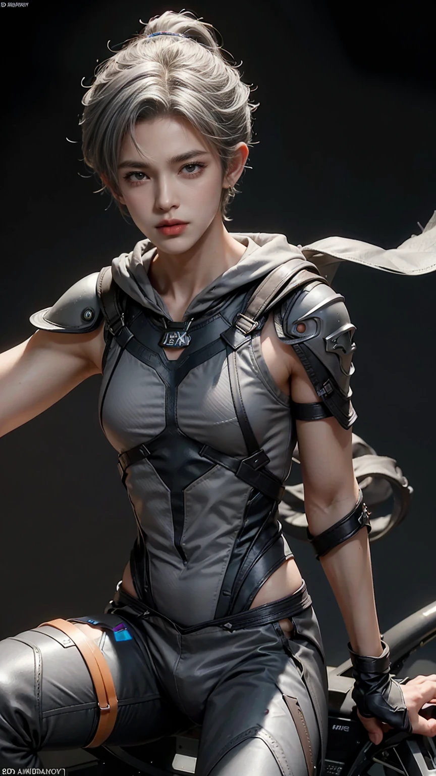 masterpiece,Game Art,Best picture quality,Maximum resolution,8k,(Upper Body),Unreal Engine 5 rendering works,(Digital Photography),((Upper BodyFeature:1.5)),(18 year old boy riding a bicycle),Short hair details,Short bangs,(The red eye makeup is carefully applied),(Has short grey hair:1.4),(Perfect body),Elegance and nobility,Brave and charming,(Grey hooded sweatshirt),student,Male Characters,Alley,light,Ray Tracing,CG,((3D Unreal Engine)),OC rendering reflection mode