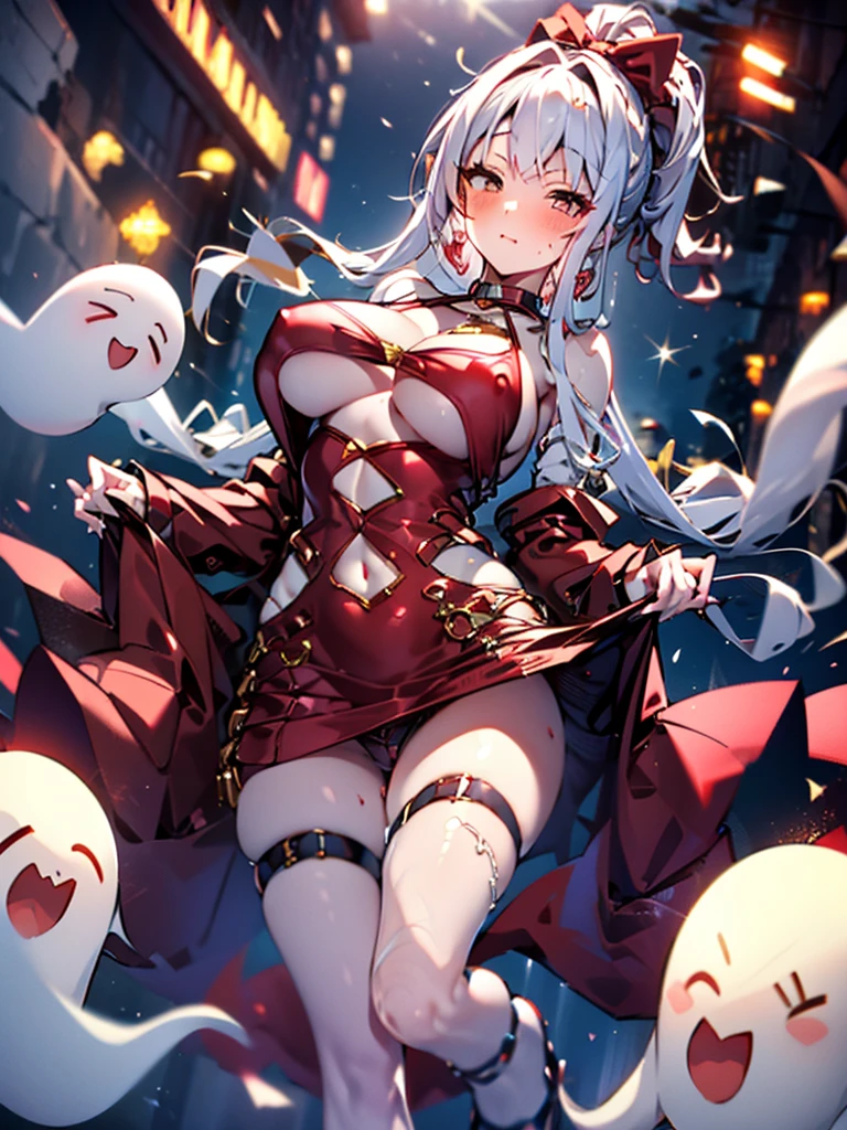 dancer, red dresses doll, showing off, masterpieces, HD, 16K, white hair, white eyes, red rope, scale up, perfect body shape, ghost, spirit, children, , cute, spiral, red ribbon, Violence lolita, underboobs, sexy, mind break