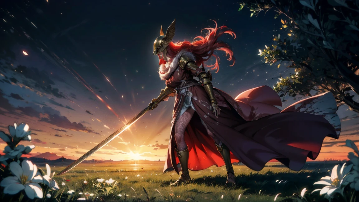 very detailed, high quality, masterpiece, prosthesis ноги, fantasy medieval, Single mechanical arm, prosthesis, armor, e.g, Helmet, brown dress, a sword, holding a sword, full body, wide shot, flower, water, field withered grass, red river, One, sunset, stylebuff, night, (dark environment), very detailed, high quality, masterpiece, beautiful, 1 girl, Single mechanical arm, armor, e.g, Helmet, full body, (Best quality)), ((masterpiece: 1.2) ), (extremely detailed: 1.1), (8 K, high quality, cinematic, hyper realistic, illustration), ( Octane rendering, game character, Ray tracing, HDR), (16mm focal length , f/4 apertures, Dynamic perspective, depth of field), (1 girl, Dynamic angle, casting pose. small, long bright red hair, blood-like, brown dress из шиповника, Single mechanical arm, prosthesis ноги, prosthesis, boots of battle. Cloak of blood, underlying golden armor, valley of withered flowers, ancient sculptures around it), 3d, realistic, computer graphics, 3d модель, beautiful, elegant, confident, (hdri, blossom, edge lighting, soft lighting, restrained), zhongfenghua, Gentle\(armor\) ancient robe, golden Helmet, magician_glamorous, caftan,