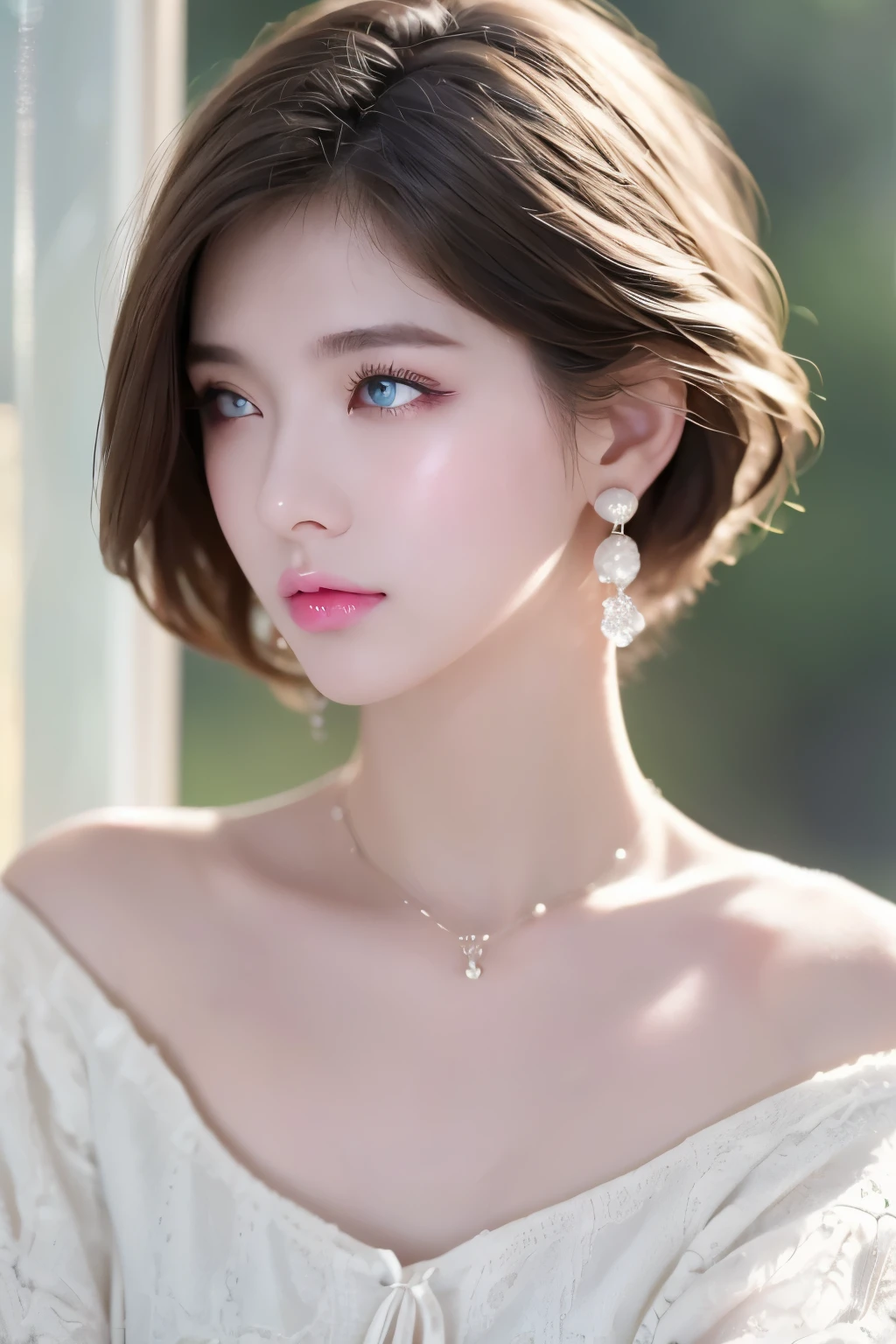 (8k, RAW Photos, Highest quality, masterpiece: 1.2), Super detailed, Super Resolution, (Genuine, Genuine photos: 1.3), Portraiture, High-resolution RAW color photos, Professional photos, とても細かくて美Shii, Very detailed, Amazing details, Large file size, Official Art, beautiful girls,Very detailed目, Very detailed肌, Very elaborate fingers, Very detailed鼻, Very sophisticated mouth, Perfect , Detailed Background, Detailed clothing, One Girl, (20:1.2), 16 years old, Cute girl, Realistic body,White skin, Glowing Skin, The body is slim, like々Shii, かわいらShii顔, Realistic Face, (short hair), Earrings, Dynamic Lighting,Very small and plump 、Sitting