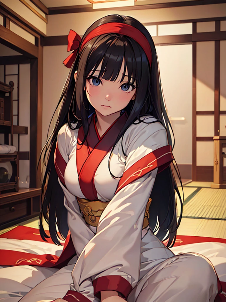 (​masterpiece、top-quality、hight resolution、Unity 8k、extremely details CG:1,Best Picture), How frustrated are you that you want to have sex with an old lady like me?, nsfw, ((solo, japanese-style room)), hairband, red ribbon
