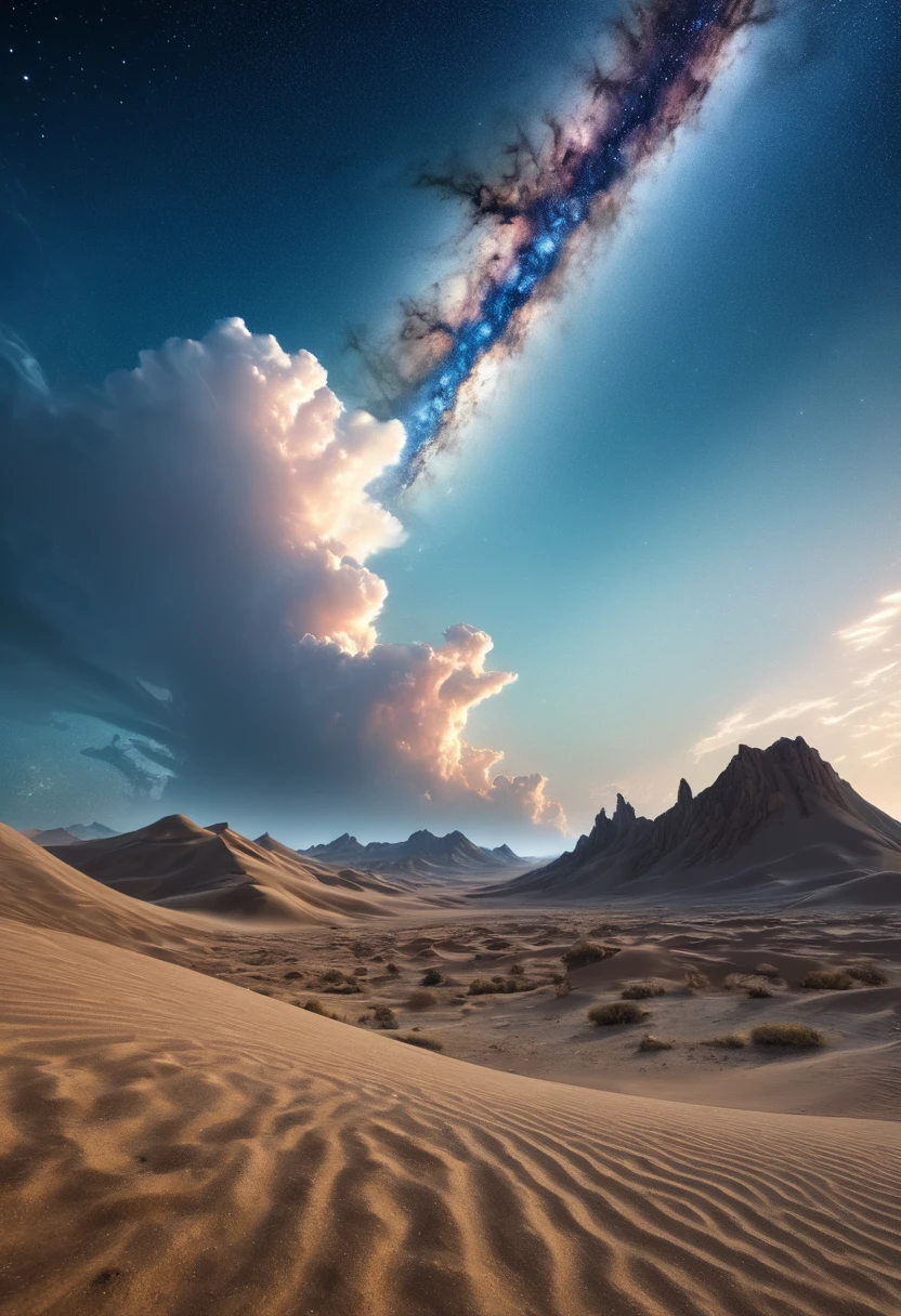 summer, desert, Jade dust, Sky, Big Cloud, blue-Sky, Milky Way, planet, Hot weather, High-resolution details, Extremely detailed, Kinematics, Surrealism, Soft Light, Deep Focus Bokeh, The distant landscape is a desert with no end, Ray Tracing, 这是Surrealism. --v6 远方是蓝色的Sky Sky中有彩虹