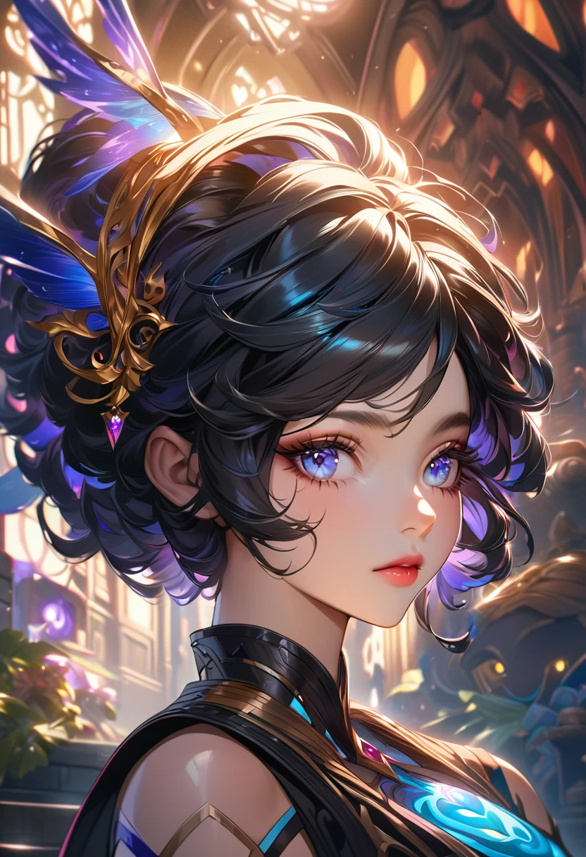 a beautiful anime girl with afro black hair,exquisite detailed face,beautiful eyes,long eyelashes,high quality,detailed portrait,digital art,fantasy,character design,vibrant colors,genshin impact style,intricate background,warm lighting,photorealistic,8k,masterpiece