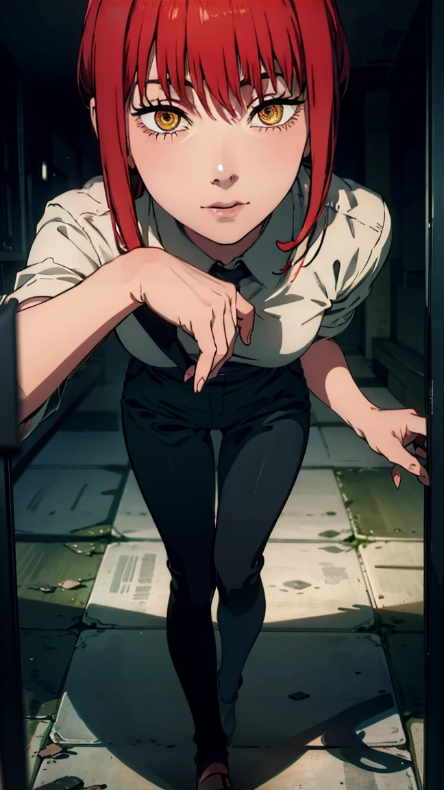 The character Makima from the anime series Chainsaw Man, fragile, full length (Full body 1.1.), dark background, darkness, Correct anatomy 1.1, holds his hands behind his back, correct hand anatomyVery sexy, erotica, very feminine, beautiful figure, legs, buttocks, beautiful body, red hair, orange eyes, Red circles for schoolchildren, summer dress, sexy pose, realistic, very detailed, beautiful body, detailed body, detailed hands, detailed, Vibrating, detailed Face, Makima character design. very detailed, detailed body, detailed hands, detailed Face, anime art, Hugh Details, Very downcast face, detailed eyes, Super thin illustration, best shadow, Fine detail, beautiful detailed glow, beautiful detailed, Extraordinarily beautiful, extremely detailed, inexpressive, epic composition, Anime style. anime art anime art, Anime style,