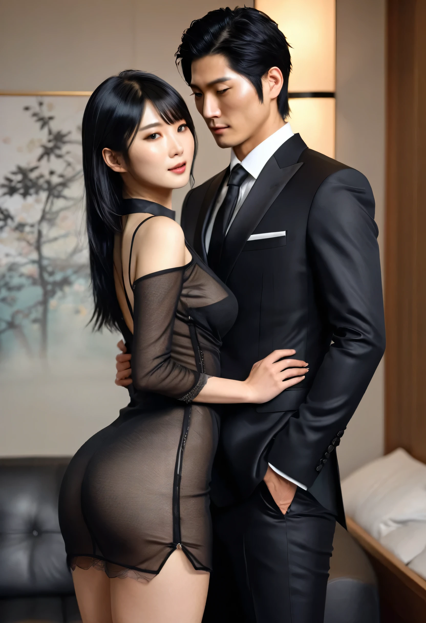 "(super high quality,Realistic:1.37),Japanese men and women, Detailed skin ,Man in suit,Woman in a sexy black see-through dress, Black Hair, Sexy vibe,romantic scene"