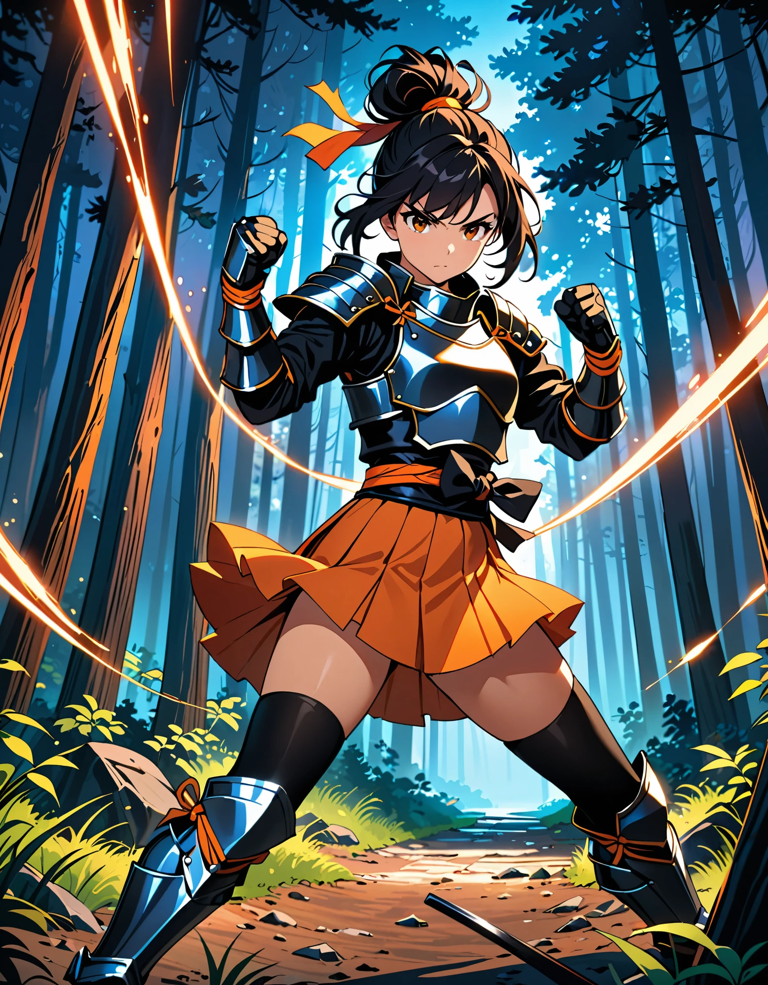 dramatic, gritty, intense, anime character, dynamic fighting pose, 1girl, solo, solo focus, (dark black hair, tied up hairstyle), (wearing black gloves), (wearing samurai armor, armored gauntlets, armored boots, thighhigh boots), (wearing a skirt, orange skirt. pleaded skirt), (black biker shorts), modern art, hair covering eyes, (clenched hand, clenched hands), forest, beautiful face, beautiful eyes, (brown eyes), vibrant colors, night, highest quality digital art, Stunning art, wallpaper 4k, 8k, k, HD, unparalleled masterpiece, best quality, full body, dynamic lighting, cinematic, epic, cowboy shot, full body with costume.