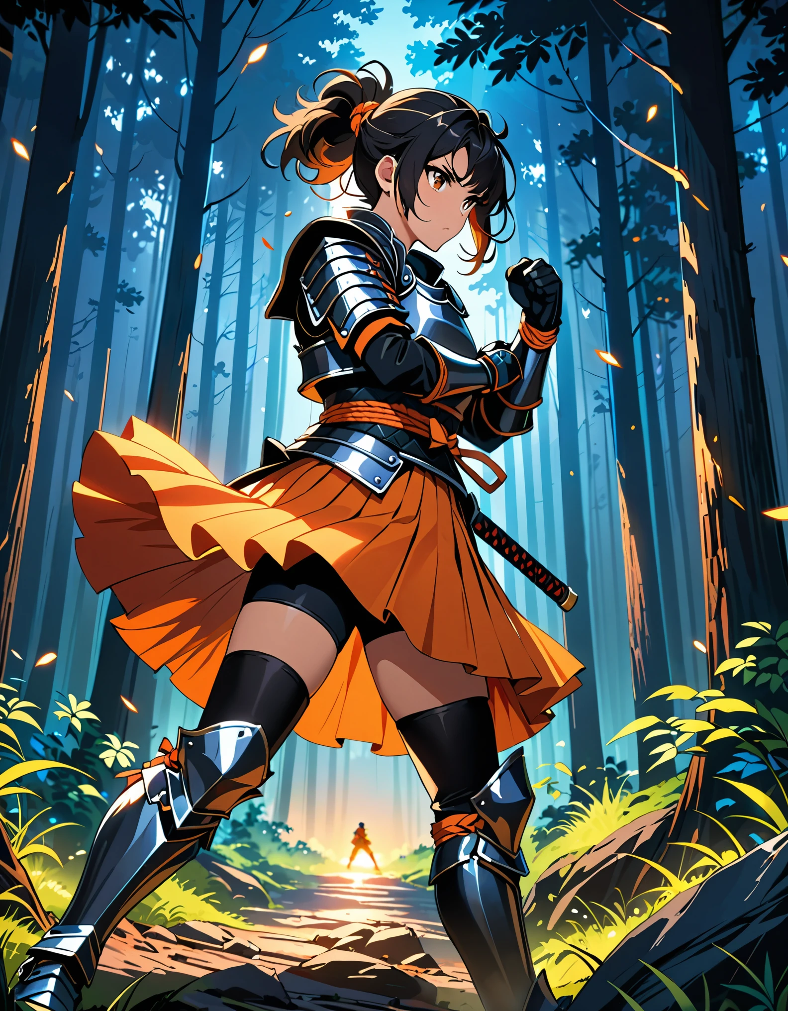 dramatic, gritty, intense, anime character, dynamic fighting pose, 1girl, solo, solo focus, (dark black hair, tied up hairstyle), (wearing black gloves), (wearing samurai armor, armored gauntlets, armored boots, thighhigh boots), (wearing a skirt, orange skirt. pleaded skirt), (black biker shorts), modern art, hair covering eyes, (clenched hand, clenched hands), forest, beautiful face, beautiful eyes, (brown eyes), vibrant colors, night, highest quality digital art, Stunning art, wallpaper 4k, 8k, k, HD, unparalleled masterpiece, best quality, full body, dynamic lighting, cinematic, epic, cowboy shot, full body with costume.