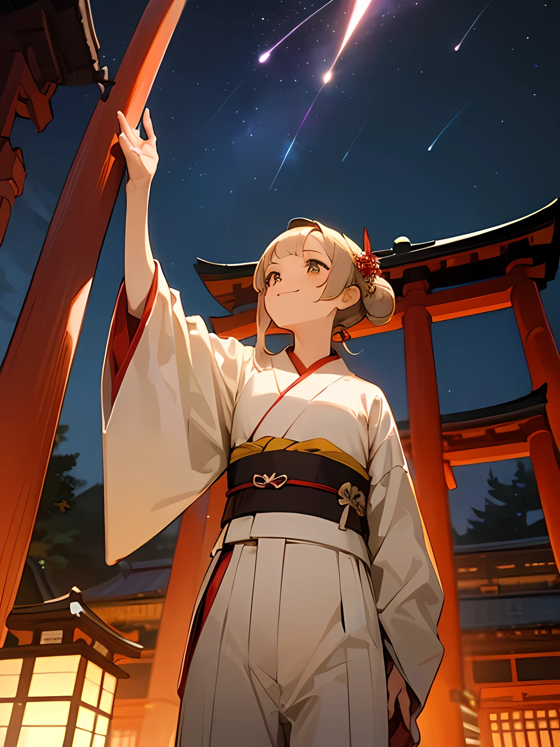 from below:1.3,(Looking up at the night sky),model pose,solo, upperbody, beige hair color, asymmetrical bangs, long sideburns, white Japanese clothes, Japanese-style white mini pants, red obi,smile, red ribbon hair ornament, evening, Japanese shrine, precincts,Cute atmosphere, thinking