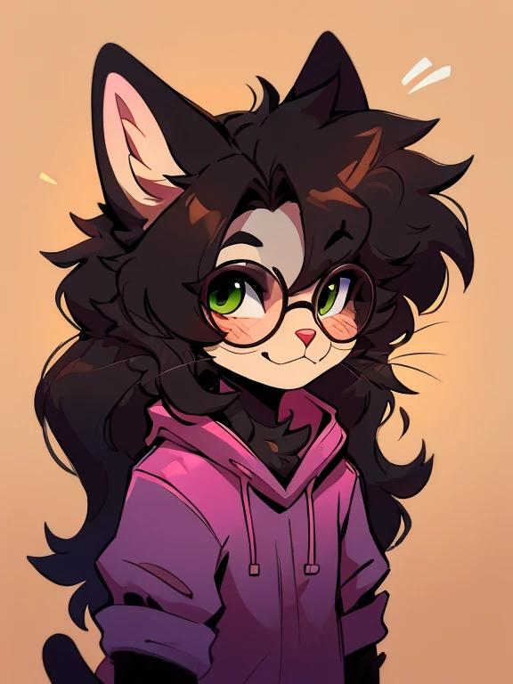 1 boy, furry, Antro, feline, domestic cat, antropomorfic cat, green eyes, blep, coffeesoda art style, e621, Fantazy adventurer, Black cat femboy, round glasses, black boddy, black hair, long hair, black fur, purple clothing.