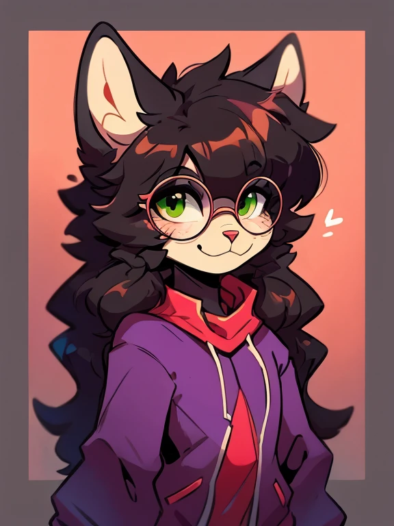 1 boy, furry, Antro, feline, domestic cat, antropomorfic cat, green eyes, blep, coffeesoda art style, e621, Fantazy adventurer, Black cat femboy, round glasses, black boddy, black hair, long hair, black fur, purple clothing.