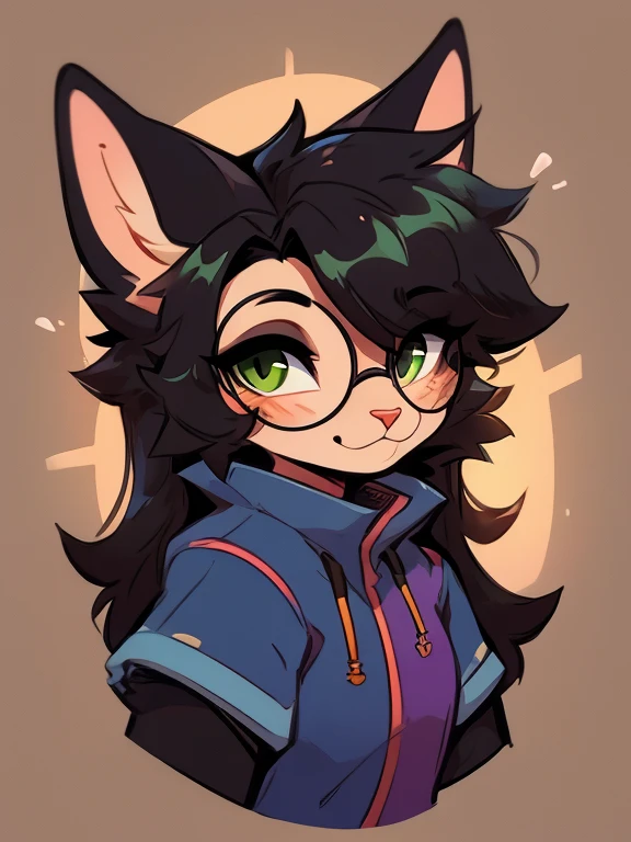 1 boy, furry, Antro, feline, domestic cat, antropomorfic cat, green eyes, blep, coffeesoda art style, e621, Fantazy adventurer, Black cat femboy, round glasses, black boddy, black hair, long hair, black fur, purple clothing.