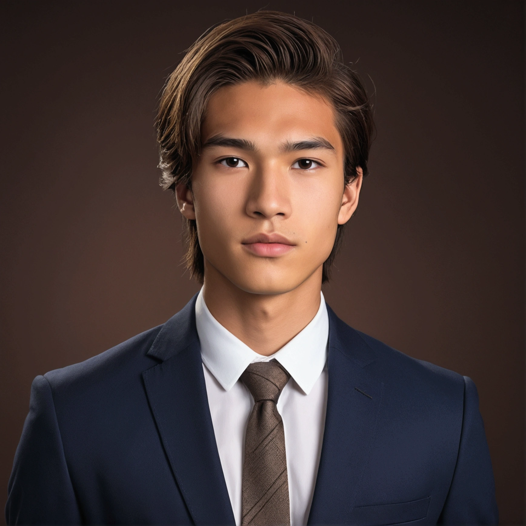 "A 19-year-old male with mixed Asian and Hispanic features. He has straight brown hair, hazel eyes, a square jawline, and full lips. He is wearing a navy blue business suit with a white shirt and no tie. The background is a dim, brown photoshoot backdrop. UHD, masterpiece, anatomically correct, textured skin, high details, best quality."