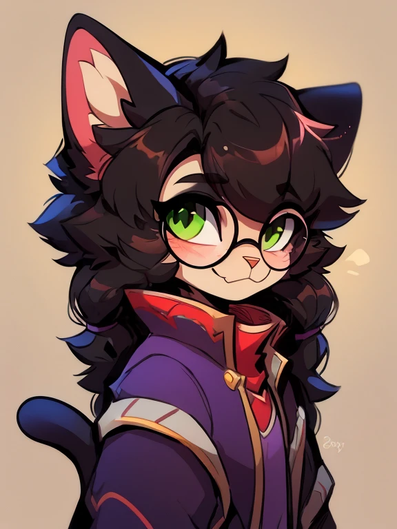 1 boy, furry, Antro, feline, domestic cat, antropomorfic cat, green eyes, blep, coffeesoda art style, e621, Fantazy adventurer, Black cat femboy, round glasses, black boddy, black hair, long hair, black fur, purple clothing.