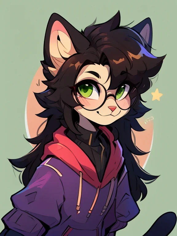 1 boy, furry, Antro, feline, domestic cat, antropomorfic cat, green eyes, blep, coffeesoda art style, e621, Fantazy adventurer, Black cat femboy, round glasses, black boddy, black hair, long hair, black fur, purple clothing.