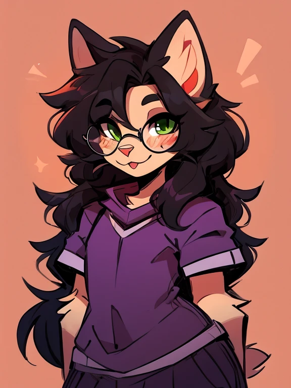 1 boy, furry, Antro, feline, domestic cat, antropomorfic cat, green eyes, blep, coffeesoda art style, e621, Fantazy adventurer, Black cat femboy, round glasses, black boddy, black hair, long hair, black fur, purple clothing.