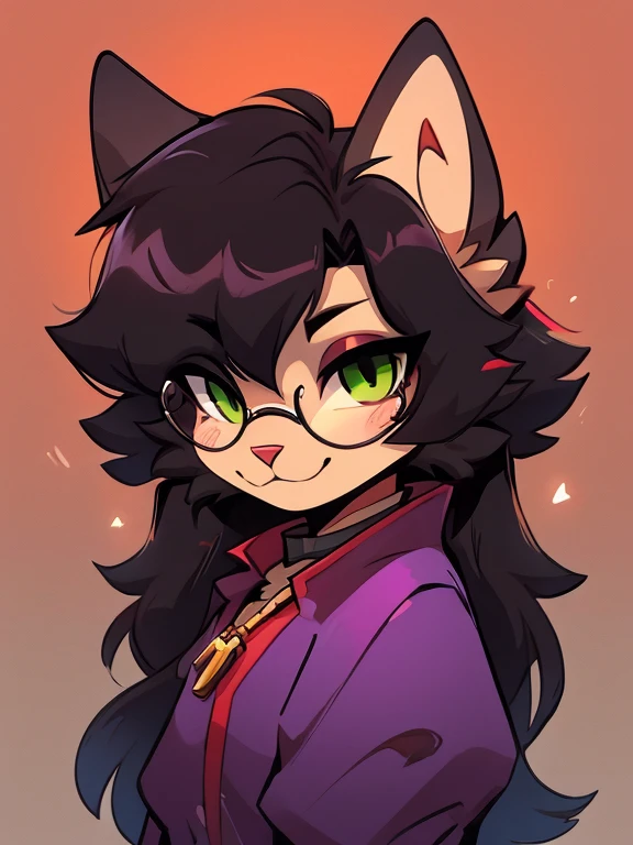 1 boy, furry, Antro, feline, domestic cat, antropomorfic cat, green eyes, blep, coffeesoda art style, e621, Fantazy adventurer, Black cat femboy, round glasses, black boddy, black hair, long hair, black fur, purple clothing.