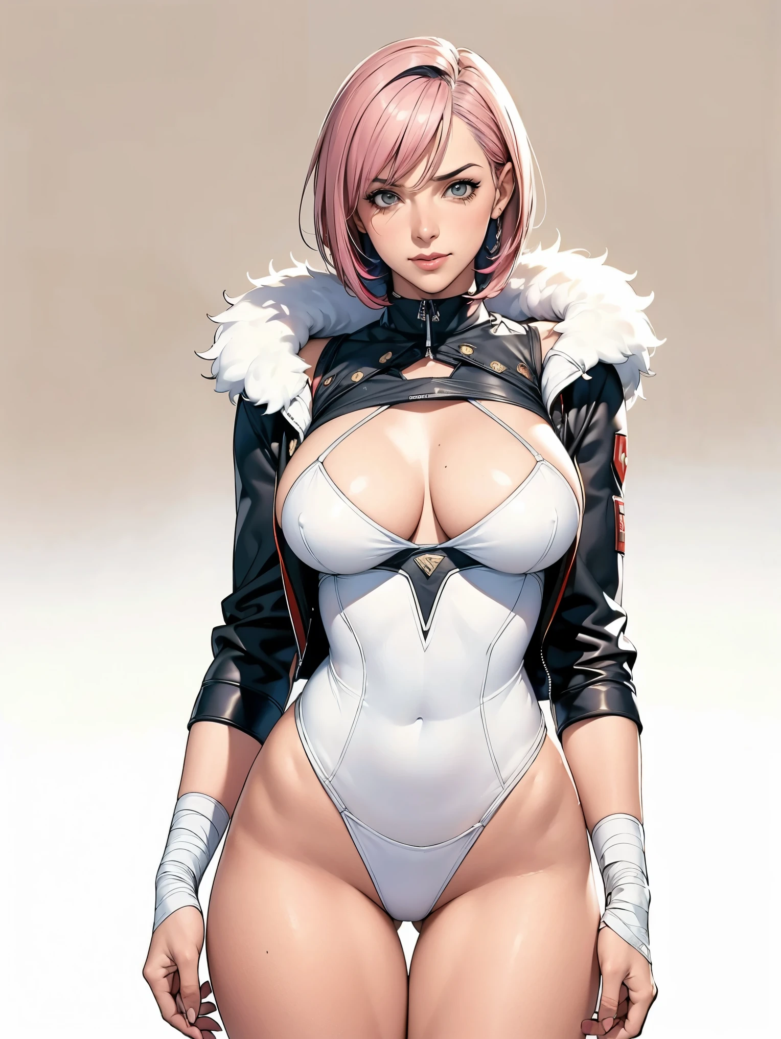 (((Annie Lennox))), (((colorful suit))), (scars), (((bandaged arms))), (((colorful clothes))) (( hood)), (((best quality: 1.4))), (Unbeatable masterpiece), (hyper HD),(CG 8k hyper-realistic), beautiful face, (((breasts big))), (((hyper feminine))), sexly girl, clear and beautiful eyes, black tattoo,(ultra short red hair with white highlights)), ((( sculptural body ))), (((1 Kizi))), Kizi tatuada de 25 anos com perfect body,,Beautiful and well-groomed face,muscular body:1.2,solid color detailed jacket, (Head to thigh photos), Complex equipment, ,Tight clothes,With white stars and off-white stripes,,,,,Armor Metal Electronic Parts, Poison tattoos ) INFO, Kizi, (((standing alone))), , 24歳, sexy, pose de attitude, work of art, dancing, ((slight smile)), post-apocalypse, (((manga style))), bounty hunter, the way you want, perfect body, roupa moderna, advanced technology, white, yellow accent, black, red accent, fur collar jacket, sleeves with vertical striped pattern, background city, (( cowboy shot )). intricate visual, narrow waist, (((wide hips))), wide hips, fit thighs, (((thigh gap))), Thigh gap, background shows a futuristic airplane, open expression, expression happy