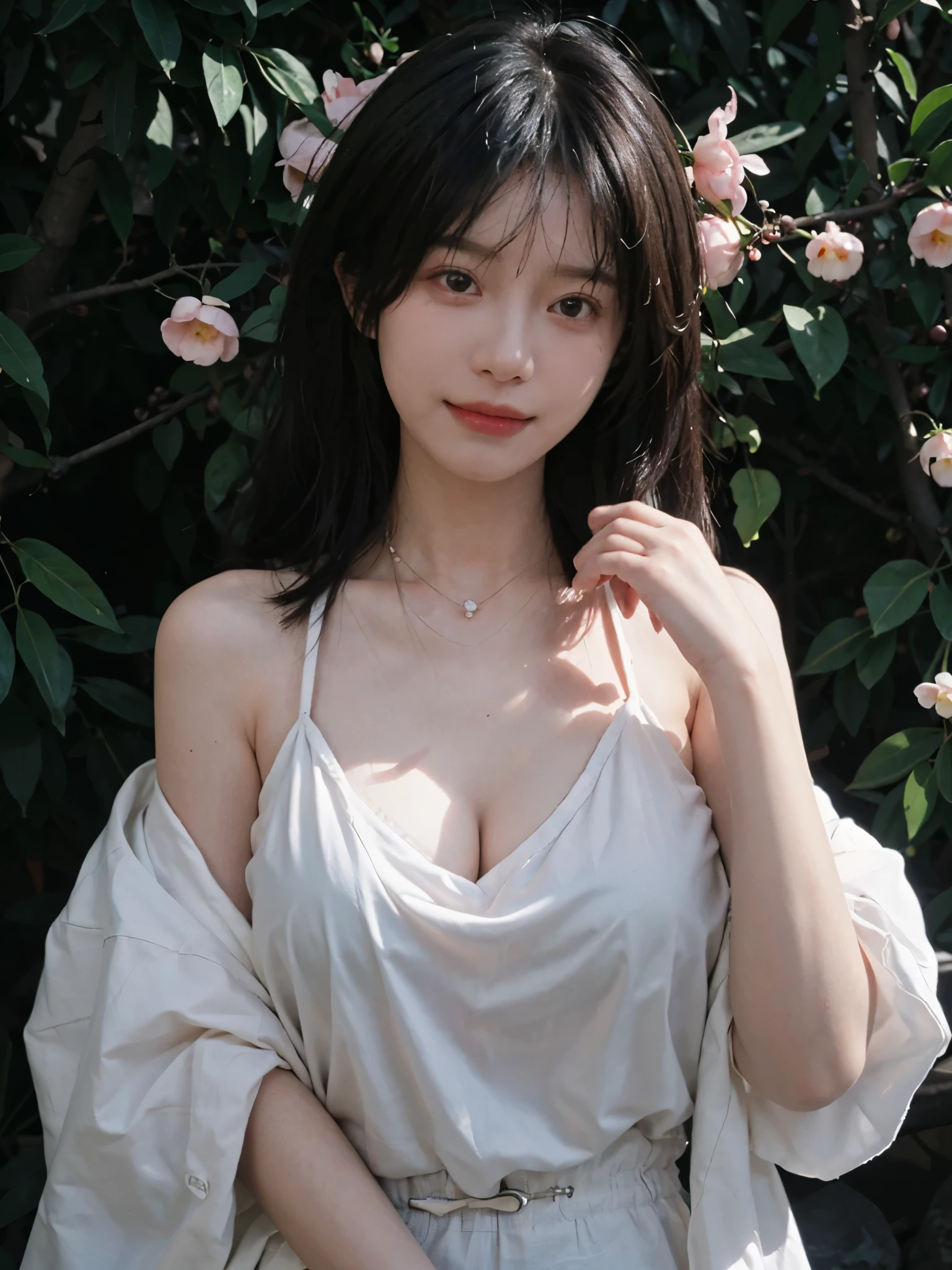 best qualtiy， Ultra-high resolution， （realisticlying：1.4），cute hairpin，Baoyu Girl，European style apartment，（flatchest：1.2） ，A pair of clear and moving peach blossom eyes,Royal Sister，sunshine on face，Big waves，（ln the forest：1.4），（choker necklace：1.2），（Fair skin：1.4），a sense of atmosphere，a beauty girl， ssmile，head straight-looking at viewer， closeup cleavage ，(Photorealistic:1.4),1girll,sexly,(Upper body:1.4),(Wet body),(:1.2)