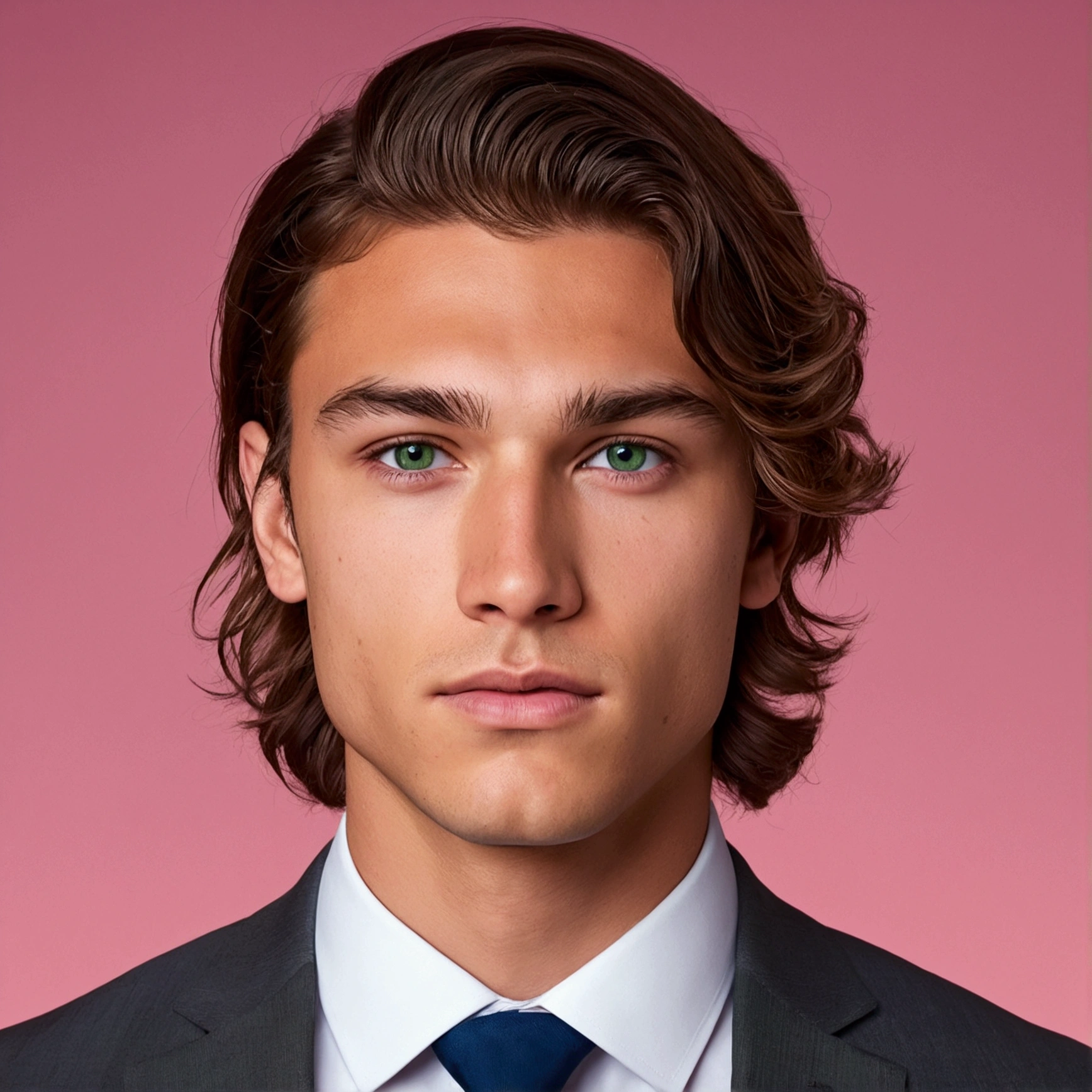 "A 24-year-old male with mixed Caucasian and Native American features. He has wavy brown hair, green eyes, a round face, and a defined jawline. He is wearing a dark grey business suit with a white shirt and a blue tie. The background is a dim, pink photoshoot backdrop. UHD, masterpiece, anatomically correct, textured skin, high details, best quality."