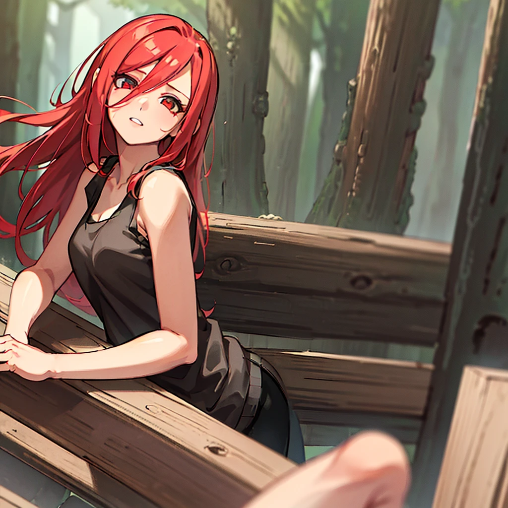 "masterpiece, high quality, (cheered up), Best Quality, 1 girl, dynamic lighting, simple background, Red hair, Red eyes, ((15 years)), beautiful face, pretty eyes, beautiful background, forest, (((Very detailed eyes and face.))) black tank top, Short negro, sitting pose...happy, blushing