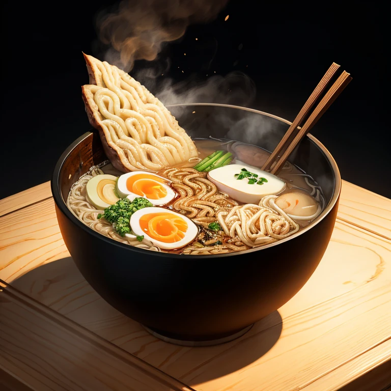 ((Bowl of Ramen)), Anime style, artwork in the style of guweiz, in an anime style, steam around, in anime style, digital anime illustration, flat anime style shading, ((On a Table))