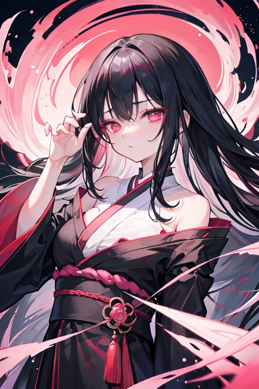 original character , One girl, (Expressionless:1.2) , Black Hair , bangs , emotionless eyes , Red and black color scheme, Close your mouth, (Eyes open wide:1.2), Glowing Eyes, Pink Eyes, Pink Eyes、kimono、Young Girl、witch、Long Hair、Looks sleepy