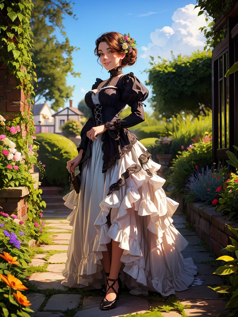 a beautiful woman in her twenties, perfect face, [(detailed face), ((detailed facial features)):0.4], [full body::0.4], victorian era dress, [ball gown::0.4], garden, [sky::0.4], masterpiece, high quality, best quality, [delicate pattern, intricate detail, [soft rim light], detailed foliage, flowers:0.4], garden alcove bower sultry look, seductive, seductive smile, inviting expression, suggestive