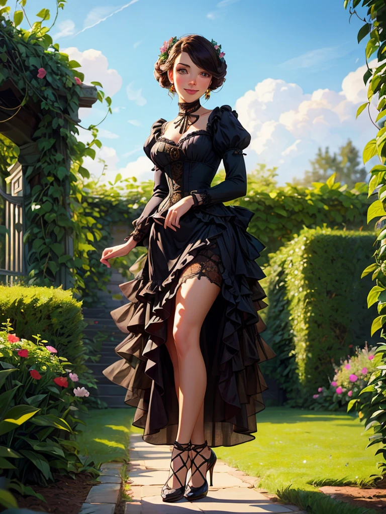 a beautiful woman in her twenties, perfect face, [(detailed face), ((detailed facial features)):0.4], [full body::0.4], victorian era dress, [ball gown::0.4], garden, [sky::0.4], masterpiece, high quality, best quality, [delicate pattern, intricate detail, [soft rim light], detailed foliage, flowers:0.4], garden alcove bower sultry look, seductive, seductive smile, inviting expression, suggestive