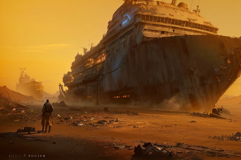 (((There was a camel rider 1.8))),(((gray blue sky 1.8))) (((khaki ground 1.8))) (((a dilapidated ship 1.8))) , author：Alexander Jean, Jessica Rosier Fantasy Art, Highly realistic concept art, Stunning sci-fi concept art, Craig Mullins Necro, 8k concept art, 8k concept art, 4K concept art, 4K concept art, dramatic concept art, Stunning concept art, Craig Mullins The Key to Darkness