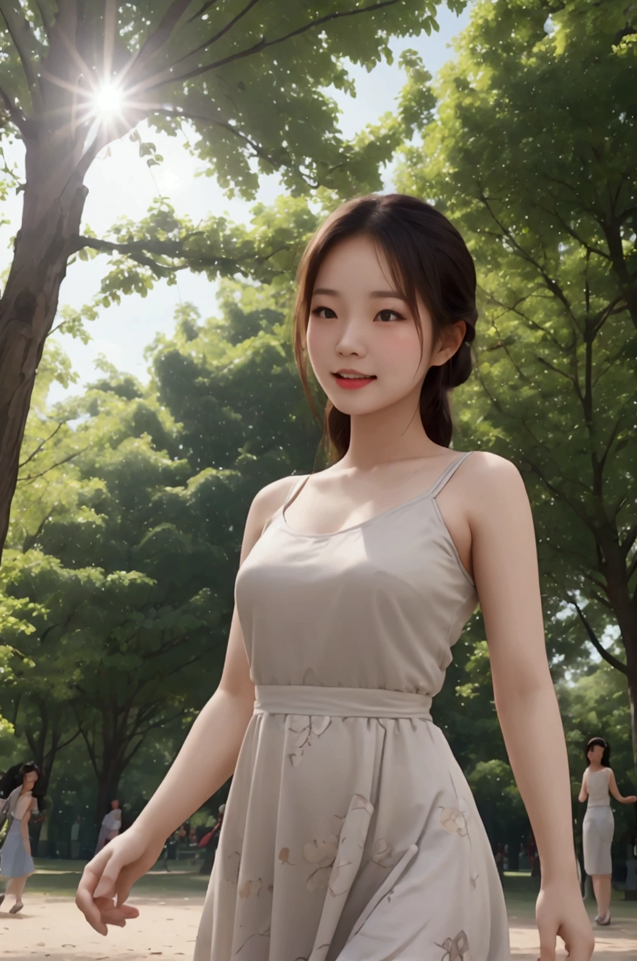 Asian girl dancing in the park, comfort dress, happy dancing, turn face, sun bright, thai girl, look to viewer
