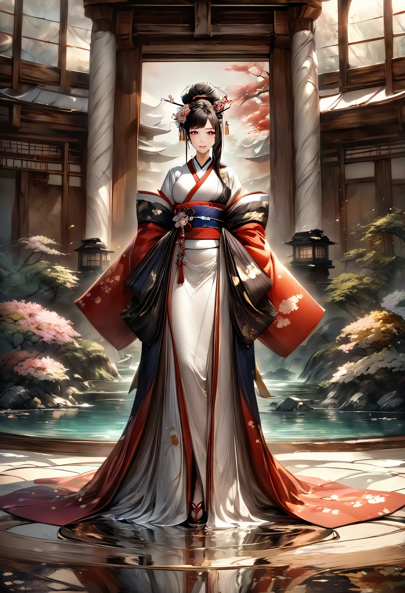 Необходимо создать concept-арт гейши для MMORPG, centered on a Japanese setting. full length, concept, full length пероснаж, A geisha should inspire grace, sophistication and mystery, typical of Japanese culture. Picture her in a traditional kimono with details, reflecting her status and professionalism. It is important to convey her grace and expressiveness through her pose and facial expression.. digital painting, full length, concept, full length пероснаж