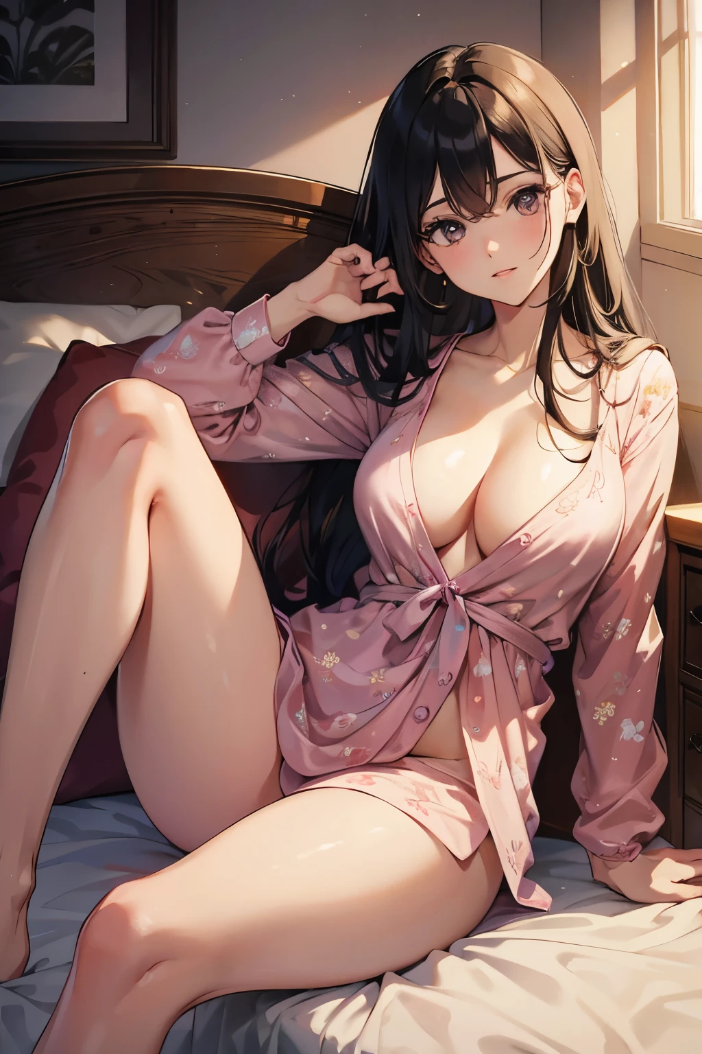 Beautiful detailed young woman, 30 years old, pajamas, Visible legs, (Highest quality,4K,8k,High resolution,masterpiece:1.2),Very detailed,elegant,elegant,Natural light,Soft lighting,Warm colors,Detailed facial features,Long eyelashes,Fuller lips,Glowing Skin,Black Hair、I can see her cleavage、Dark Eyes