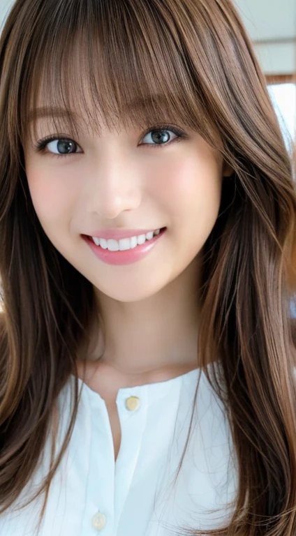 ((Selfie 1.6))((Smile 1.6))、front、Close-up face、Straight hair、⦅Looking into the camera⦆Brown Hair、With bangs、Highest quality, Masseter region, Ultra-High resolution, (Realistic:1.4), RAW Photos, High resolution, High resolution, masterpiece、30-year-old woman、In the apartment