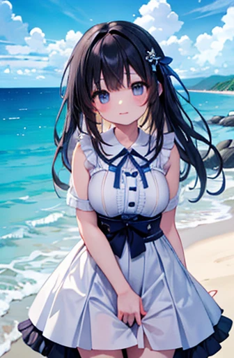 masterpiece、background((Sea side、Sandy Beach))、15-year-old student、Beautiful girl、Very intricate embroidery on the dress、Big ribbon、Skirt、Long black hair、Large Breasts