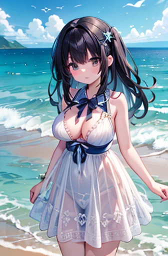 masterpiece、background((Sea side、Sandy Beach))、-yeld stiful girl、Very intricate embroidery on the dress、Big ribbon、Skirt、Long black hair、Large Breasts